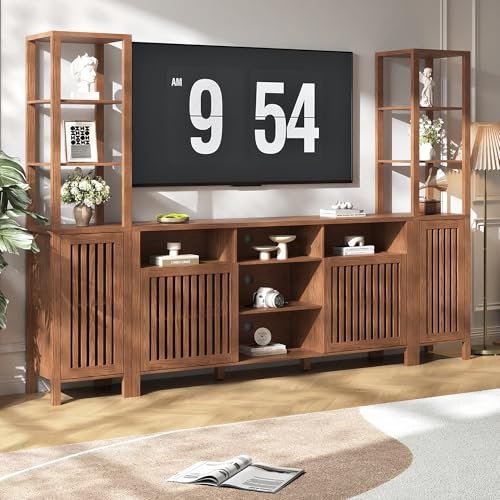 BVIUNTWO Farmhouse TV Stand for 70 inch TVs, Entertainment Center with Bookshelves - 4 Door Media Console with Adjustable Shelves, Storage Cabinet for Living Room Bedroom Home Theater, Rustic Brown