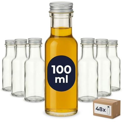 gouveo Juego de 48 botellas de vidrio Dorica de 100 ml con tapón de rosca - Pequeñas botellas redondas de vidrio para aceite, vinagre y licor con tapas plateadas PP31.5 (DFT100S)
