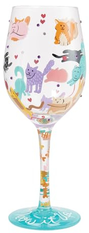 Enesco Lolita Meow it Up Cats and Hearts - Copa de vino artesanal pintada a mano, 15 onzas, multicolor