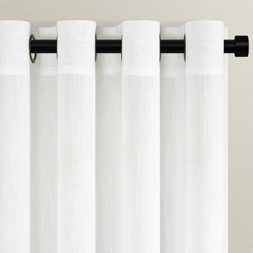 Topfinel 1 Stücke Leinen Ösenschal Boho Gardinen mit Ösen Voile Vorhang Halbtransparent Vorhänge Schlafzimmer Gardinen Wohnzimmer Modern Vorhänge Scheibengardinen 300x240cm Weiß