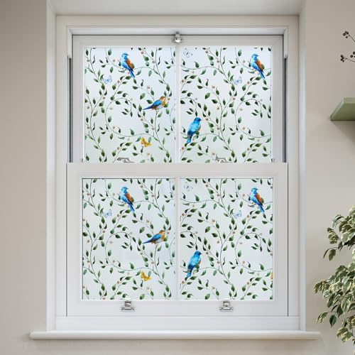 dktie Fensterfolie Sichtschutzfolie Fensteraufkleber mit Vogel und Zweig, Statisch Haftende Geeignet für Raumdekoration, Wohnzimmer, Badezimmer, Kinderzimmer 44,5 x 200 cm