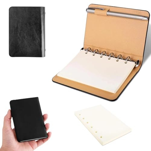 DIYCUT Kleines Notizbuch, Ringbuch A7 Nachfüllbar, 6 Ring Ringbuch | Hardcover Kunstledereinband, Glattes Beiges Papier, Klein Notizbuch mit Nachfüllbarem Papier