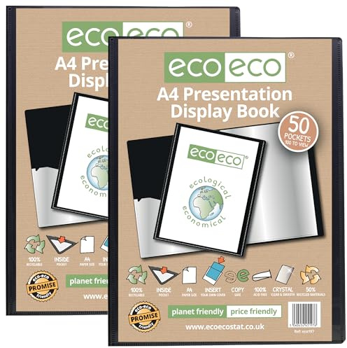 eco-eco Präsentationsbuch, A4-Format, 50% recycelt, 50 Hüllen, schwarz, Aufbewahrungsetui, Kunstmappe mit Kunststoffhüllen, 2 Stück, eco197 x 2