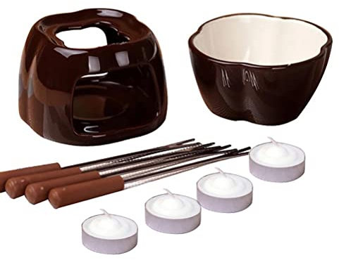 BAFOVY Set de Fondue de Chocolate Pot de Fusión de Chocolate Cerámica de Fondue de Fondue con 4 Tenedores y Calentador de Velas para la Fiesta en el Restaurante en Casa (A38)