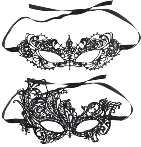 AEKZOX 2 Stück Maske Spitze Damen, Schwarz Sexy Lace Augenmaske für Frauen, Spitze Maske, Augenmaske für Halloween Karneval Abendkleid Tanz Ball Party