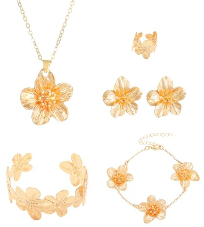 Gkaopi Parure de Bijoux Femme, Fleur Dorée Élégante Ensemble Bijoux, Collier Pendentif Romantique, Bracelet Manchette Ouverte, Réglable Bague, Glamour Fleurs Boucles D'oreilles Bohème Cadeaux (Or)