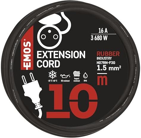 EMOS rallonge IP44 10 m, 1 Prise française, extérieur, 16 A 3680 W | étanche, résistante aux chocs, températures, huile, H07RN-F3G, noir