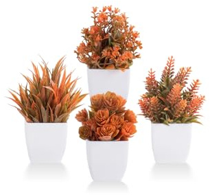 4 Pack Small Artificial Autumn Maple Color Eucalyptus Potted Plants | Indoor Decor for Home, Office, Bathroom, Bedroom & Farmhouse