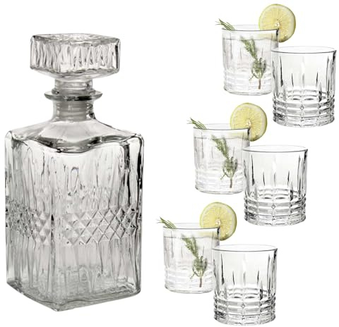 moorg Set Bicchieri Whisky 300 ml con Decanter Whisky da 1000 ml in Vetro – 6 Bicchieri da Rum Moderni con Bottiglia, Bicchiere Vetro Particolari, Tumbler per Cocktail