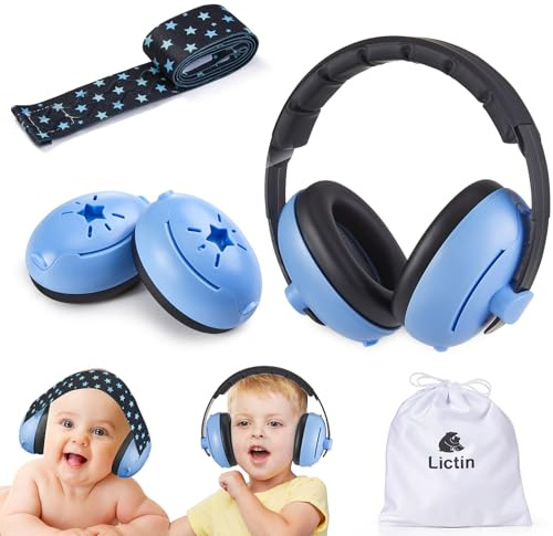 Lictin Gehörschutz Baby - 2-in-1 Baby Kopfhörer Lärmschutz 25dB - Baby Ohrenschützer Lärm Verstellbares Kopfband - Kopfhörer Babys Lärmschutz bis 48 Monate - Hörschutz Kinder Blau Stern