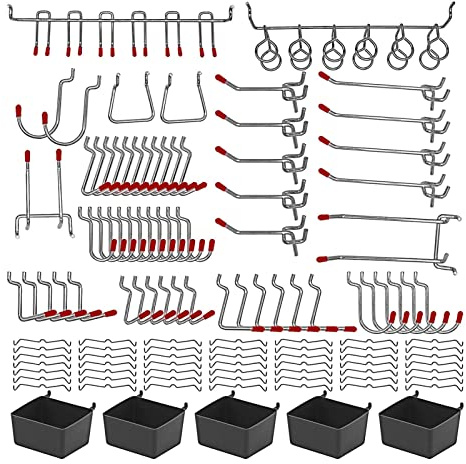 aqxreight 114 Piezas Kit Surtido de Ganchos de Metal para Tableros Perforados Cerraduras de Clavija Aplicaciones para Colgar en Contenedores Curvos Multiherramienta en ángulo y en ángulo Más de y