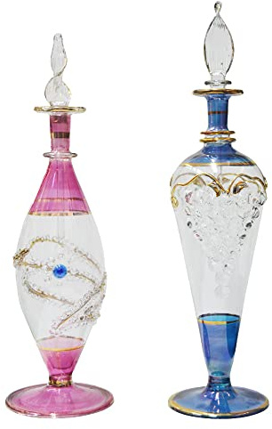 Lote de 2 Egipcios de Cristal Soplado – Frascos para Perfume y Aceites Esenciales – Esencieros Decorativos Hechos a Mano en Egipto – Botellas de Vidrio Artesanal 23-25 cm