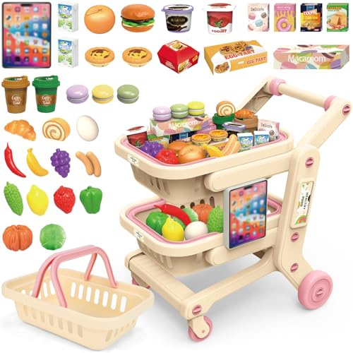 deAO Chariot de Courses Enfant,avec Nourriture et Panier Amovible | Jeu de Chariot de Courses avec Produits D'épicerie Goûter, Fruits, Légumes, Accessoires de Magasin, Jeux de Rôle de Magasin