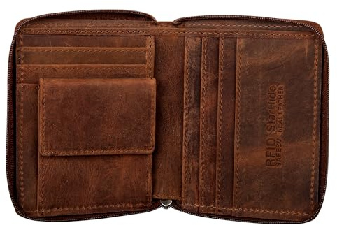 STARHIDE Mens RFID Blocking Full Zip Around Distressed Hunter Leather Coin Pocket Wallet 720 (Brown)