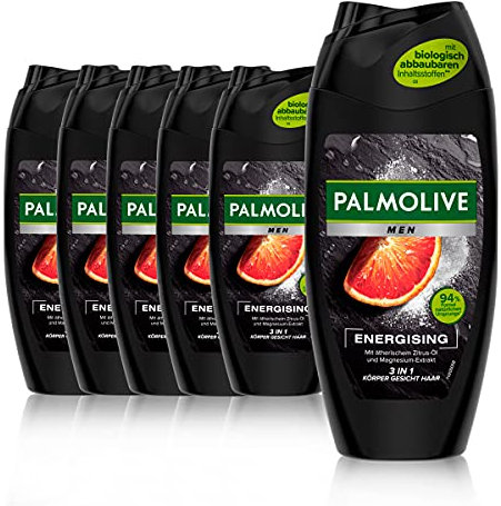 Palmolive Men Duschgel Energising 6 x 250ml - 3in1 für Körper, Gesicht & Haar - mit ätherischem Zitrus-Öl & Magnesium-Extrakt