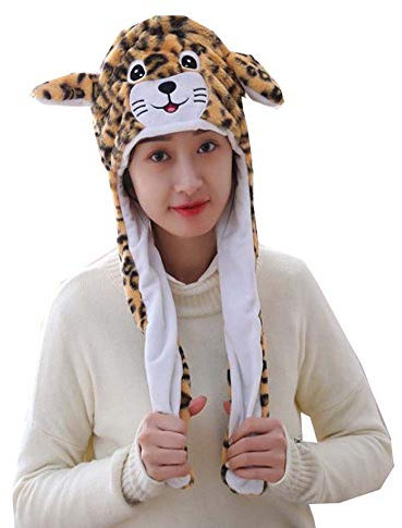 YEKEYI Beweglicher Springhut mit Tierhut, Pop-Up-Ohren, Plüschhut für Frauen und Mädchen, leopard, One size
