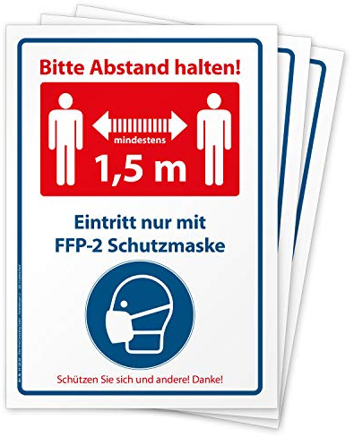 3 hochwertige Aufkleber Bitte Abstand halten 1,5 m und FFP-2 Mund- und Nasenschutz tragen, Hinweisschild zum Mindestabstand mit FFP-2 Maskenpflicht, Folie selbstklebend DIN A4 (210 x 297 mm)