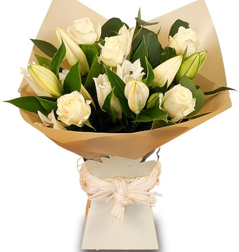 White Harmony - Hand-Tied White Rose and Lily Bouquet - Luxury Fresh Flowers with Free UK Next Day Delivery - Ideal for Birthdays, Anniversaries, Get Well, and Thank You Gifts