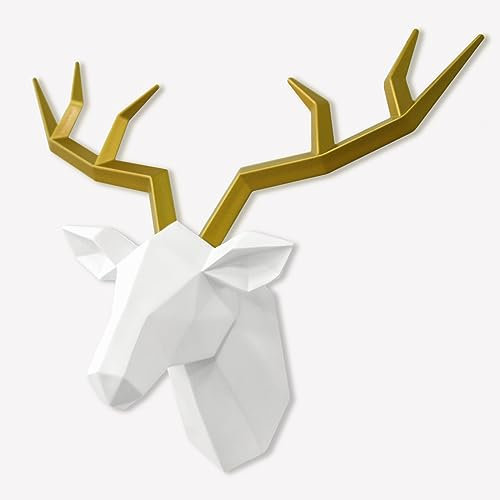 TIANCENTRAL H Hirschkopf-Wandkunst, geometrisch, Gelbgold, Hirschgeweih, Wandskulptur, handgefertigt, künstlicher Taxidermie, Harz, Wand-Tierkopf für Büro, Bar, Urlaub, Heimdekoration