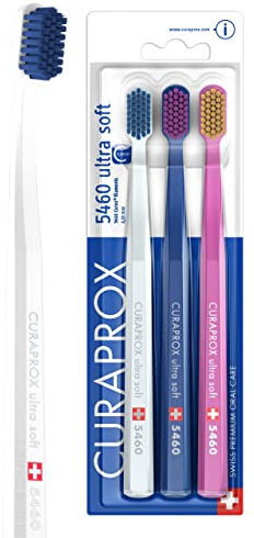 Curaprox CS 5460 Ultra-Soft Toothbrush – Adult Tooth and Gum Care | Super Soft Curen® Bristles for Gentle Cleaning | White | Dark Blue | Pink | 3 Pieces | Made in Switzerland