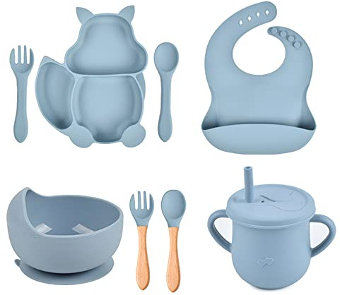 SONARIN Baby Geschirrset,8 Stücke Silikon Kinderteller Sets mit Saugnapf Schüssel Tasse Gabel Löffel Lätzchen Rutschfest Babyteller BPA Frei Kindergeschirr für Baby Kleinkinder(Hellblau)