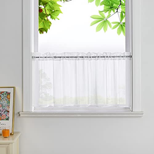 HeichkelL Leinenoptik Scheibengardine Transparent Bistrogardine Unifarbene Kurzstores mit Längsstreifen Landhaus Küchengardinen Weiß mit Tunnelzug HöhexBreite 60x90cm