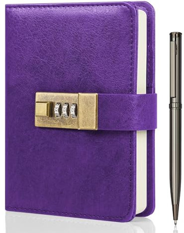 WEMATE Diary with Lock, A6 PU Leather Diary with Lock, 192 Pages, Lock Journal, Password Notebook with Pen & Gift Box, Women 4.3 x 15.7 cm, Purple