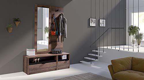 Design Möbel Garderoben Set Wandgarderobe Garderobenmöbel Gaderobenhaken und Schuhregal Flurgarderobe Kompaktgarderobe Wandgarderobe-Set Spiegel Aufhänger Dustin 15 (Kloster und Schwarz glänzend)