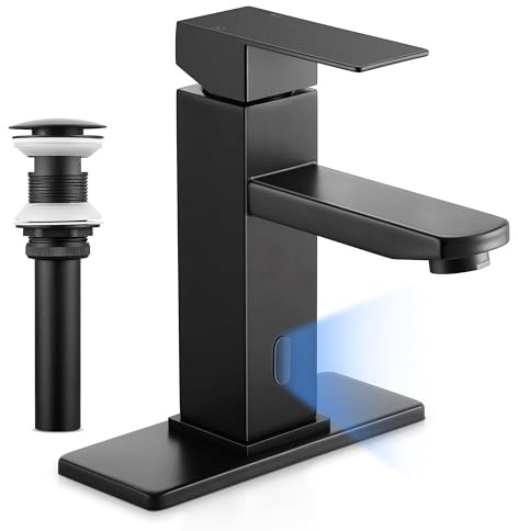 Herogo Touchless Bathroom Faucets Matte Black Stainless Steel Automatic Motion Sensor Bathroom Faucet RV Bar Sink Faucet for 1-3 Hole Single-Handle with Pop Up Drain Stopper Water Supply Hoses
