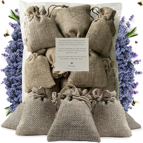 Sachet de Lavande Séchée Provence - 12 Sachets de Lavande sans OGM en Jute Doublée Remplis à la Main - Petit Sac de Lavandin pour Placards, Linge, Armoire - Fleurs de Haute Provence - Nouvelle Récolte