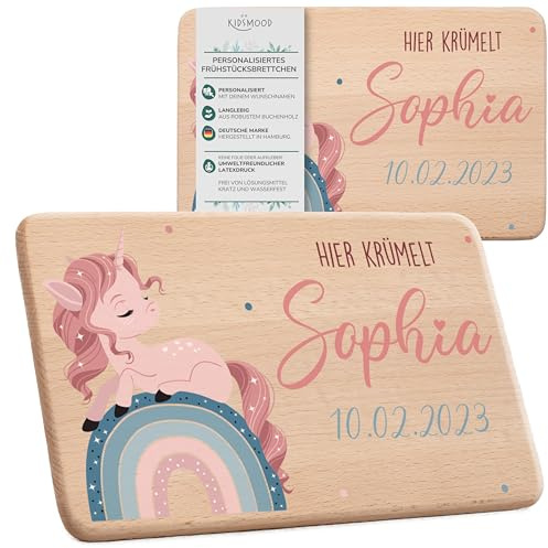 KIDSMOOD - Individuelles Frühstücksbrettchen Kinder Holz, Niedliches Brettchen personalisiert mit Wunschnamen und Einhorn-Motiv, Als Taufgeschenk und Babygeschenk