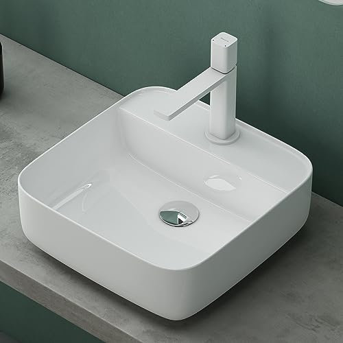 Mai & Mai Bathroom Sink Basin Countertop Wash Basin | Ceremic Square White | Modern Design Bathroom Vessel Sink | WDH: 38x38x14cm | Nano-Coating Brüssel107