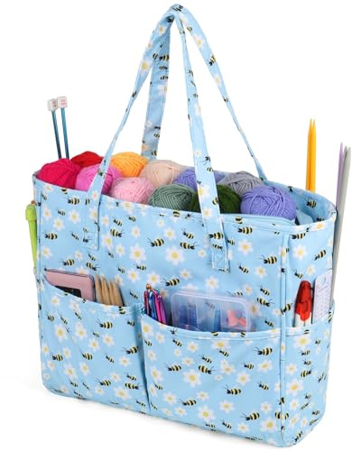 Aeelike Große Strick-Tragetasche, Häkeltaschen für Wolle und Haken, Bastelaufbewahrungstaschen mit Fächern, Strickgarn, Organizer-Tasche, Wolltasche, tragbare Strickprojekt-Reisetasche, Basteltasche