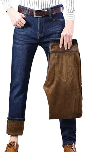 Beokeuioe Jeans invernali imbottiti, pantaloni termici da uomo, pantaloni da neve con fodera in pile, jeans in pile di agnello, caldi e dritti, A2 blu., L