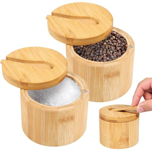 Foribyw Lot de 2 salières et poivrières rondes en bois avec couvercle pivotant magnétique et cuillère, salière et boîte de rangement pour sel, poivre, épices, sucre