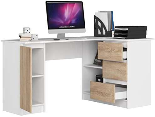 BDW Hörnskrivbord höger, 3 lådor och 4 hyllplan, gott om plats att breda ut sig, för ungdomsrum, kontor och ateljéer, datorbord, arbetsbord, kontorsbord, 155x77x91, vit/ek Sonoma