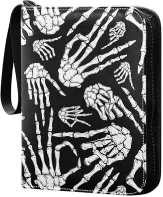 Schwarz Weiß Skelett Hände Sammelkartenalbum 4 Taschen Kartenordner 50 Seiten 400 Karten PU Reißverschluss Kartenbinder Aufbewahrung Halter für Sportspielkarte