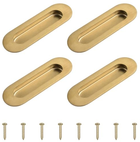 MOROBOR Paquete de 4 tiradores de acero inoxidable para puerta corredera empotrada ovalada con tornillos ocultos para cajones y armarios, color dorado cepillado