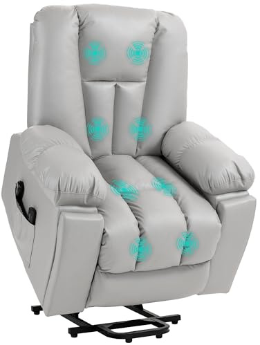 HOMCOM Fernsehsessel mit Aufstehhilfe Elektrisch, Relaxsessel mit Liegefunktion, Vibrationsmassage, Massagesessel mit Taschenfederkern, Fernbedienung, Getränkehalter und Seitentasche, Hellgrau