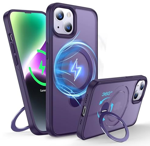 FNDMIL 360°Drehbarer Magnetisch für iPhone 14 Plus/15 Plus Hülle mit MagSafe [Rutschfester Textur][Unsichtbarer Ständer][Militär Schutz] Translucent Matt mit Silikon Dünn,Dunkel Lila