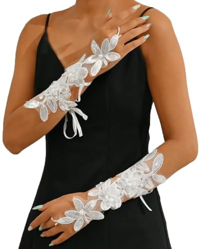 Eyret Guantes de boda para mujer, de encaje blanco, sin dedos, guantes de novia con perlas para accesorios de boda, Blanco, Talla única