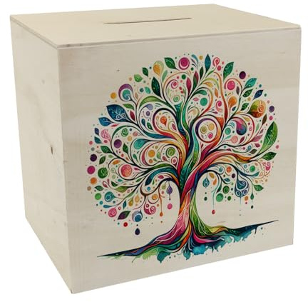 Lebensbaum Spardose aus Holz Aquarell-Stil Kunstwerk Bunter Energie-Spender für Ihre Familie Farbenfroher Baum der Stärke