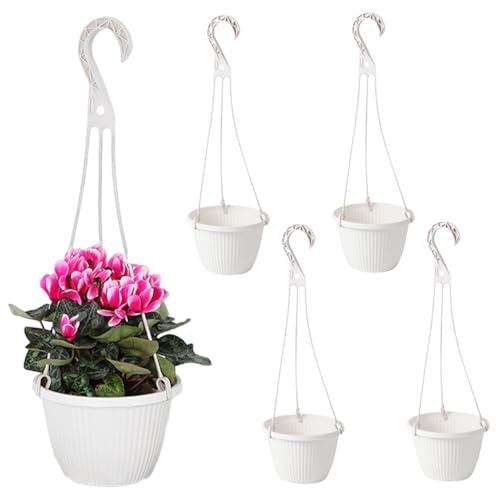 5Pcs Hanging Baskets Plastic Flower Pot Wall Hanging Planters Plant Holder with Hook for Garden Indoor Outdoor Plant White