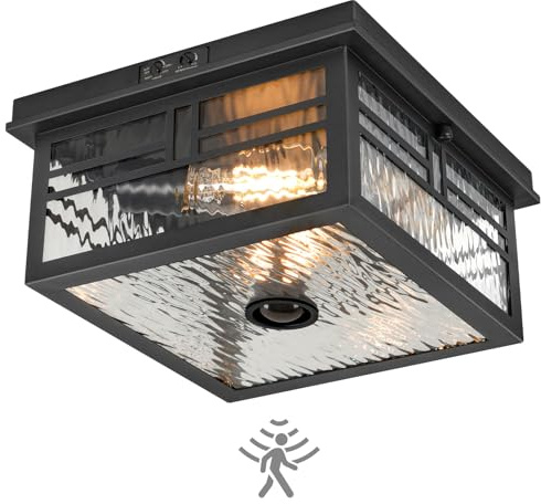 GOEBLESON Infrared Sensor Outdoor Ceiling Light, Flush Mount Motion Sensor Ceiling Light, 2-Light Black with Ripple Glass, Bulbs Not Included, 4 Modes, for Porch, Garage, Hallway, Patio,BS07XD05W1