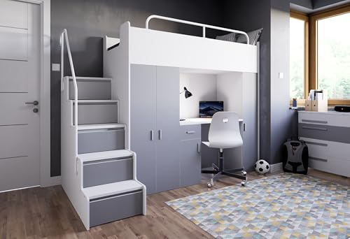 Marlux-Meble Hochbett Kinderbett JSM-5 90x200 mit Kleiderschrank Schreibtisch und Treppe Matt Etagenbett Stockbett Jugendhochbett (Graphit)