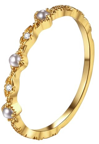 Cupimatch Anillo Perlas Oro Mujer: Anillo de Perlas Apilable Pequeño con Circonitas Anillo de Bodas Conmemorativo para Las Fiestas - Un Sofisticado Regalo Navideño para Parejas y Niñas Talla 20