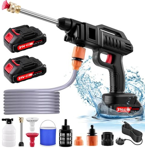 Cordless Pressure Washer,21V 1500W Portable Pressure Washer,60Bar/870 PSI High Power Washer Machine with 2 Battery,Bucket,2 Nozzles,5m Hose Pressure Cleaner for Car/Floor/Garden Cleaning & Watering
