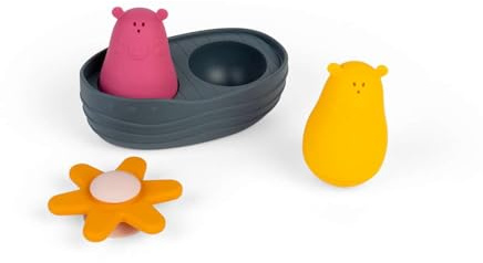 Bigjigs Toys Sensorisches Badeset - 4-teiliges schwimmendes Tier-Wasserspielzeug mit Quetschbären, Blumen-Spinner und Boot, Badesets für Babys und Kleinkinder, 100% Silikon, Öko-Geschenke, ab 12