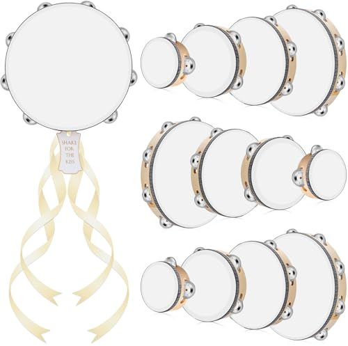 Lukmaa Tamburin für Erwachsene, 10 + 15 + 20 + 25,4 cm, 12 Stück, Holztrommel mit Metallschellen, Geschenkanhänger, beigefarbenes Band, Percussion-Geschenk, Musikinstrument für Kirche, Hochzeit, Party