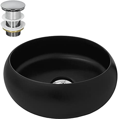 LuxeBath Waschbecken Keramik rund Ø 350x120 mm Schwarz mit Ablaufgarnitur Silber, Aufsatzwaschbecken für Badezimmer/Gäste-WC, Modernes Aufsatzbecken, Waschtisch Waschschale Waschplatz Handwaschbecken